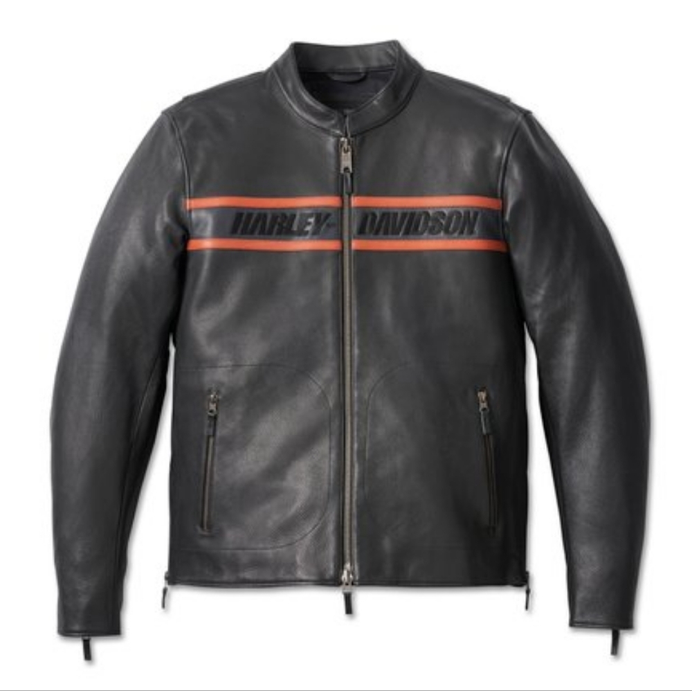 Harley-Davidson Black and Orange Leather Bomber Jacket